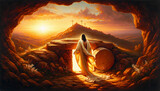 Fototapeta  - Oil painting illustration of resurrection of Jesus Christ seen from behind with empty tomb and sunbeam