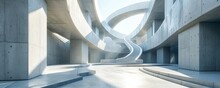 Empty Abstract Architecture Building In Minimal Concrete Design With Open Space Floor Courtyard White Podium And Curved Walls Museum Plaza As Wide Display Showroom Mockup Environment, Generative AI