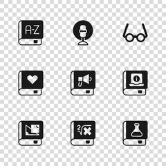 Sticker - Set Book with mathematics, User manual, Chemistry book, Glasses, Translator, Microphone and Romance icon. Vector