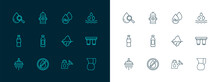 Set Line Water Drop, Forbidden, Iceberg, Watering Can, Bottle Of Water, Drop And Magnifying Glass And Fire Hydrant Icon. Vector