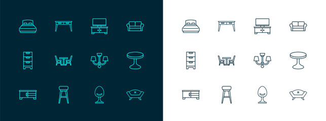 Poster - Set line Sofa, Chair, Chandelier, Armchair, Table with, TV table stand, Big bed and Office desk icon. Vector