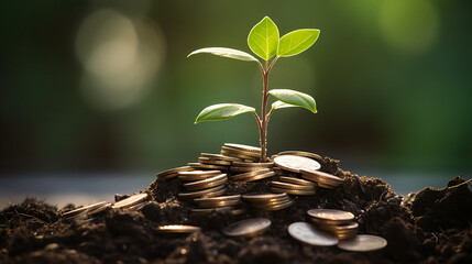 a live plant sits on top of a pile of coins, representing the idea of saving. focus on the symbolic relationship between plants and money