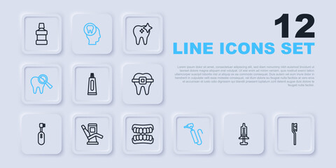 Wall Mural - Set line Syringe, Toothbrush, Tube of toothpaste, drill, Broken, Medical dental chair, Toothache and Dentures model icon. Vector