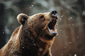 Poster - Closeup of roaring brown bear in winter forest