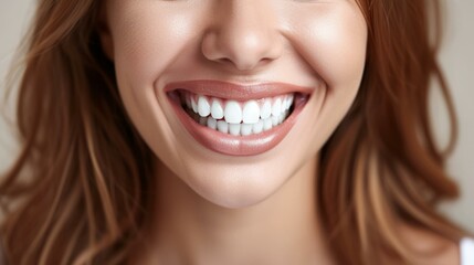 Wall Mural - Close up of happy smiling woman with perfect white teeth