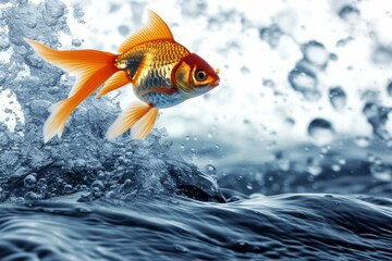 A goldfish is jumping out of the water