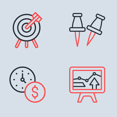 Sticker - Set line Push pin, Time is money, Monitor with graph chart and Target financial goal icon. Vector