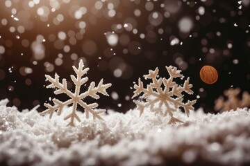 Two paper snowflakes on snow with blurred lights in the background