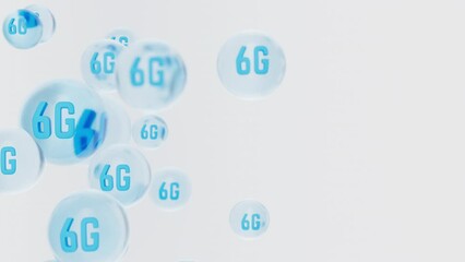 Poster - Glass bubbles with 6g text flying upwards on white backdrop. Global mobile networking, wireless technology concept. 3d render loopable