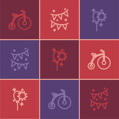 Wall Mural - Set line Vintage bicycle, Balloons with ribbon and Carnival garland flags icon. Vector