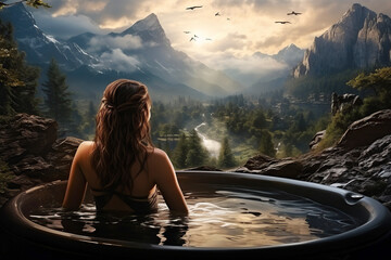 woman is relaxing in a Jacuzzi bath in spa hotel in nature with a view of mountains and forest in summer