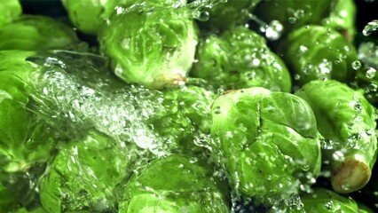 Poster - A stream of water pours into Brussels sprouts. Filmed on a high-speed camera at 1000 fps. High quality FullHD footage