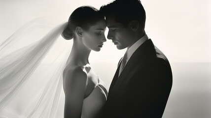 Wall Mural - beautiful Caucasian bride and groom embracing on the background of the sea. Black and white photograph, empty beach, clear facial features.