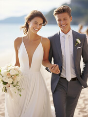 Wall Mural - Portrait of a happy Caucasian bride and groom with a bouquet of flowers getting married on the beach. Wedding photography. close portrait of joyful newlyweds walking down the aisle on a beach.