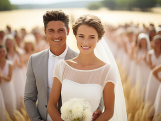 Wall Mural - Portrait of a happy Caucasian bride and groom with a bouquet of flowers getting married on the beach. Wedding photography. close portrait of joyful newlyweds walking down the aisle on a beach.