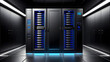 Server room icon 3d or server computers. isolated on a black background. With black copy space. Server room or data center server racks, modern data and Telecommunication center for clou computing