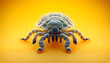 A close-up front view of a louse on a yellow background