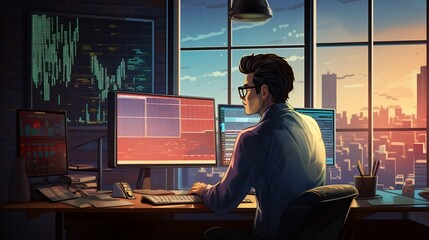 Wall Mural - focused analyst working at computer desk in modern office setting
