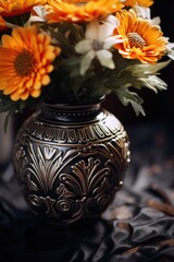 Poster - A vase filled with beautiful orange and white flowers. Perfect for adding a touch of color and elegance to any space
