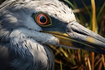Poster - A close-up view of a bird with striking red eyes. This image can be used to depict the beauty and intensity of nature
