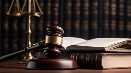 Poster - A judge's gavel sitting next to a stack of books. Perfect for legal or educational concepts
