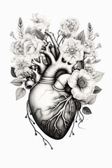 Poster - A black and white drawing of a heart surrounded by flowers. Perfect for romantic and artistic projects