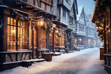 Poster - A picturesque snowy street in a charming European village at night. Perfect for winter holiday themes and travel destinations
