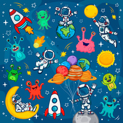Wall Mural - space for children. cartoon astronauts in the galaxy. set of cosmic elements. colorful space backgro