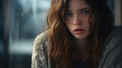 Poster - A woman with long brown hair and striking blue eyes. This picture can be used in various contexts