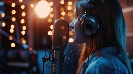 Woman record music album at sound studio. Pretty girl sing song microphone. Professional artist. Voice acting or podcasting concept. Talented podcaster. Radio on air. Live broadcasting. Neon light.