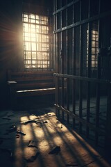 Wall Mural - A jail cell with sunlight streaming through the window. Suitable for crime, imprisonment, and justice concepts