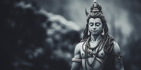 Wall Mural - A black and white photo of a statue of Lord Shiva, representing the Hindu deity. Suitable for religious or cultural-themed projects