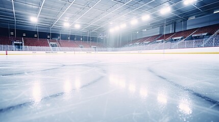 Wall Mural - An empty hockey rink with lights shining on the ice. Perfect for sports-related projects and hockey-themed designs
