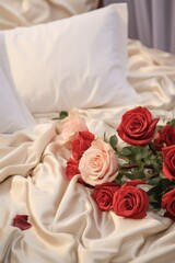 Poster - A beautiful arrangement of red and white roses on a bed. Perfect for romantic occasions or floral decoration