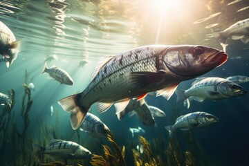 Poster - A group of fish swimming together in the water. This picture can be used to depict marine life or as a background for underwater themes