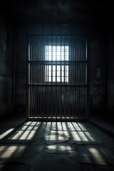 Poster - A jail cell with sunlight streaming through the bars. Suitable for illustrating themes of confinement, hope, imprisonment, and justice