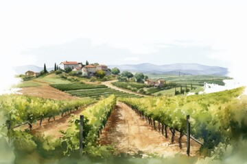 Poster - A beautiful painting of a vineyard with a charming house in the background. Perfect for adding a touch of rustic elegance to any space.