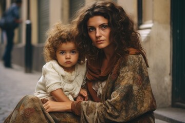 Poster - A woman holding a child on the street. Suitable for family, parenting, and urban lifestyle themes