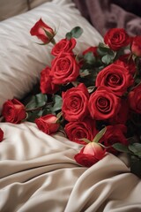 Poster - A bunch of red roses sitting on top of a bed. Perfect for romantic occasions or expressing love