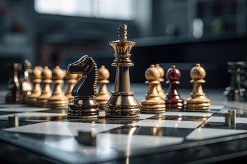 Poster - A detailed view of chess pieces arranged on a chess board. This image can be used to depict strategic planning, decision-making, or competitive gameplay