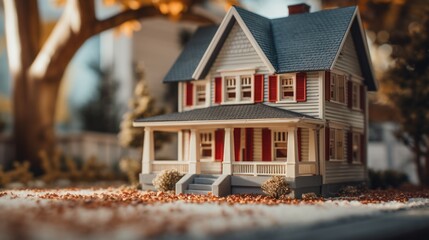 Poster - A model of a house sitting on top of a leaf covered ground. Suitable for real estate, architecture, or nature-themed projects