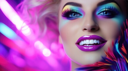 Wall Mural - Close-up shot of a woman with vibrant and colorful makeup. Perfect for beauty and fashion related projects