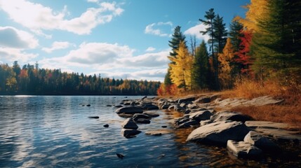 Poster - A peaceful scene of a body of water surrounded by lush trees and rocky formations. Perfect for nature and landscape themes.