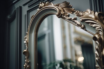 Poster - A picture of a gold framed mirror with a plant in the background. Can be used for interior design or home decor projects