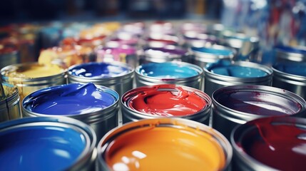 Poster - A bunch of paint cans sitting on a table. Ideal for home improvement projects or interior design concepts