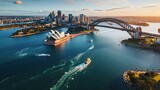 Sydney Harbour Bridge in a beautiful summer day, Australia, Sydney, Australia. Landscape aerial view of Sydney Opera house near Sydney business center.