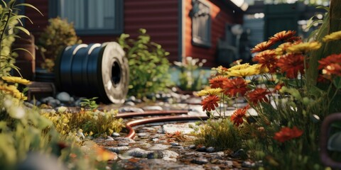Poster - A garden with a hose and beautiful flowers. Perfect for gardening or nature-related projects