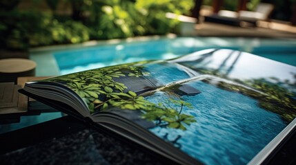 Poster - An open book placed on a table next to a pool. Perfect for educational, leisure, or summer-themed designs