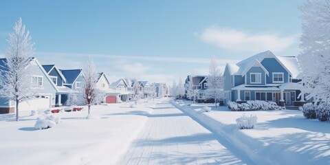 Poster - A snowy street lined with houses and trees. Perfect for winter-themed designs or holiday cards