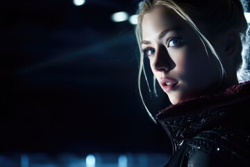 Poster - A woman in a black leather jacket looking directly at the camera. This versatile image can be used for various purposes